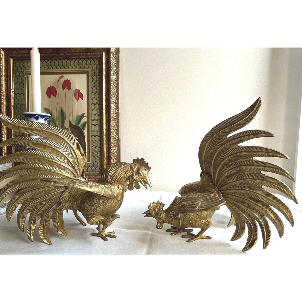 Vintage Pair of Solid Brass Fighting Rooster Statue Figurine MCM Decor